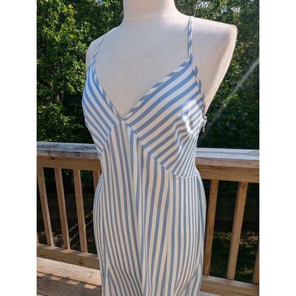 H&M Blue White Striped Slip Dress Spring Summer Satin V-neck Medium Resort - Picture 2 of 8